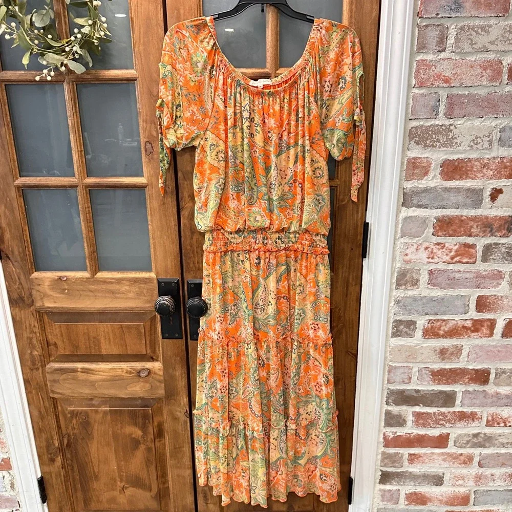Joie de Vivre Tiered Mesh Midi Dress Women Size M Orange Paisley Smocked Waist - Picture 12 of 13
